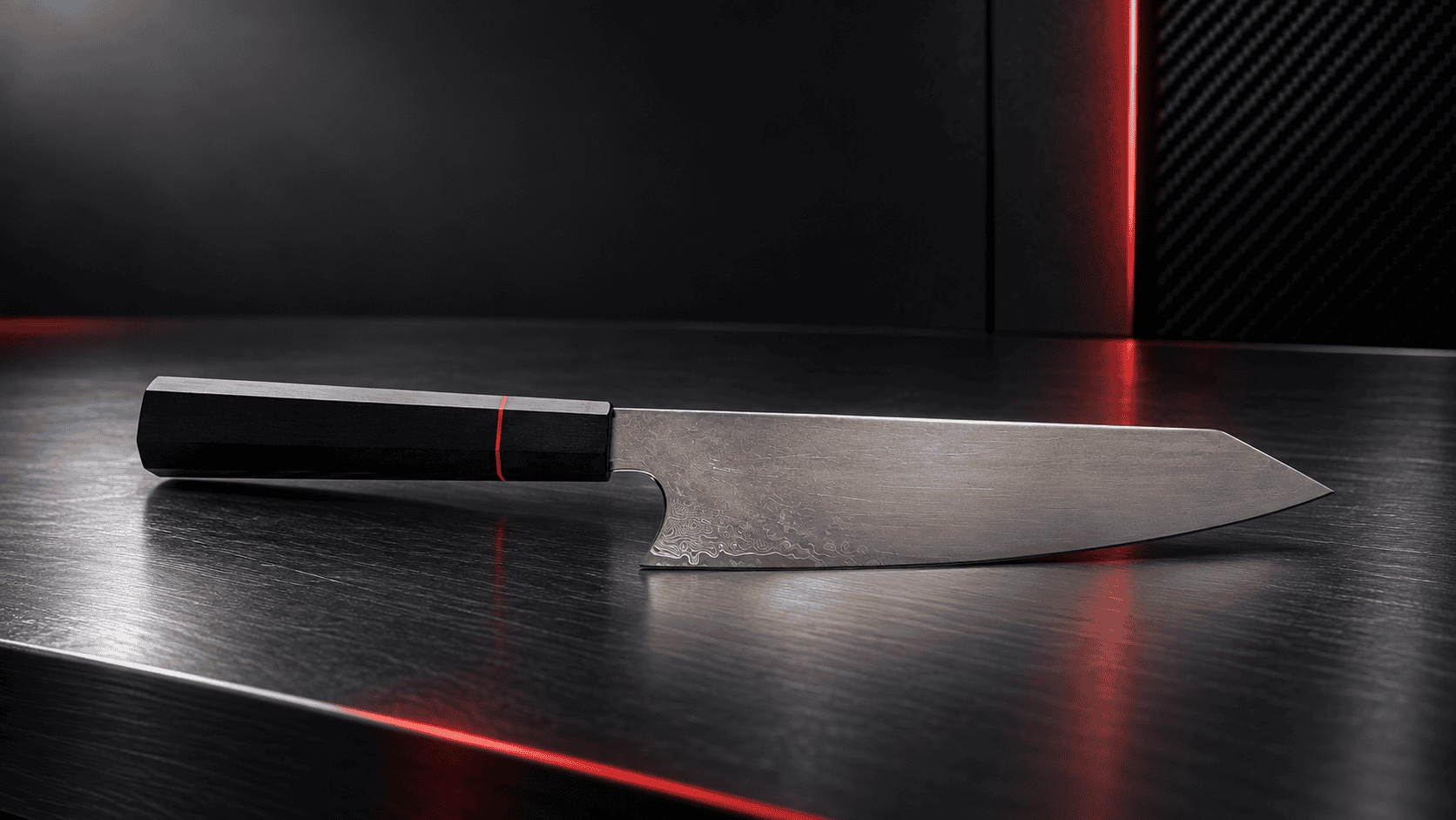 Tenaci knife with a dark handle and red accent, shown in a studio setting